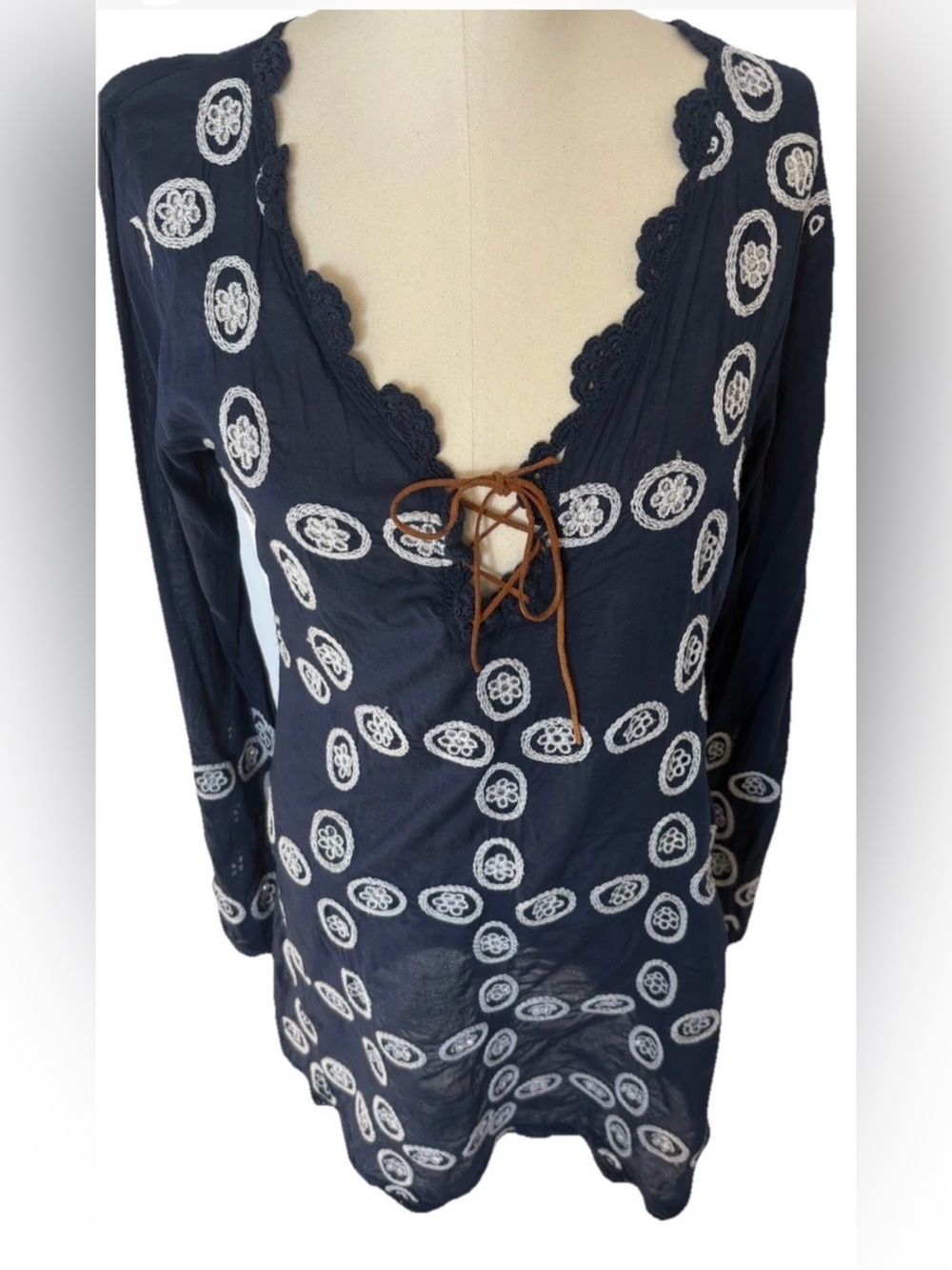Letarte Handmade Swim Cover Up Sheer Dress Leather Tie Navy White Cutouts Large